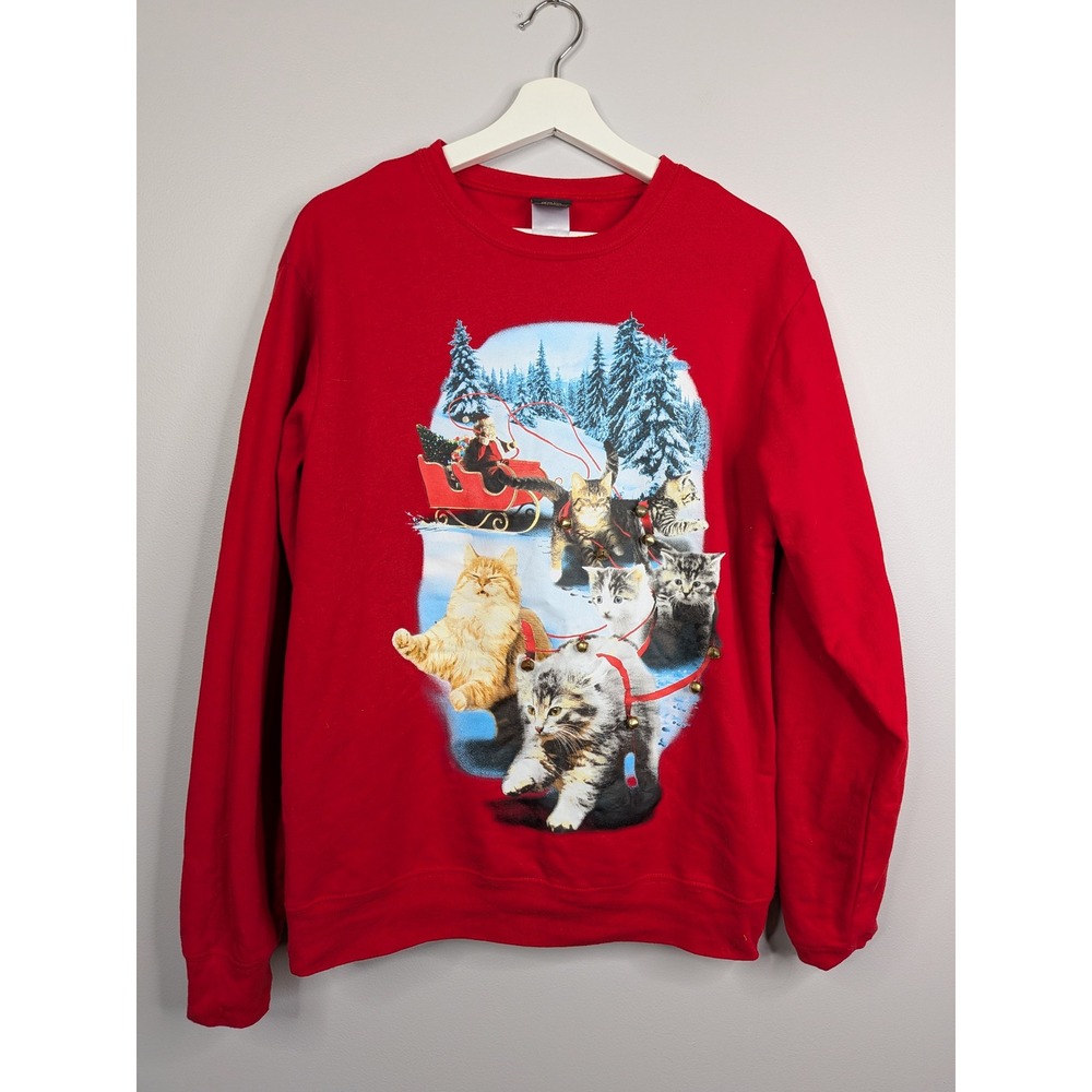Fifth Sun Sweatshirt Large Red Meow-erry Santa Kittens Jingle Bells Holiday